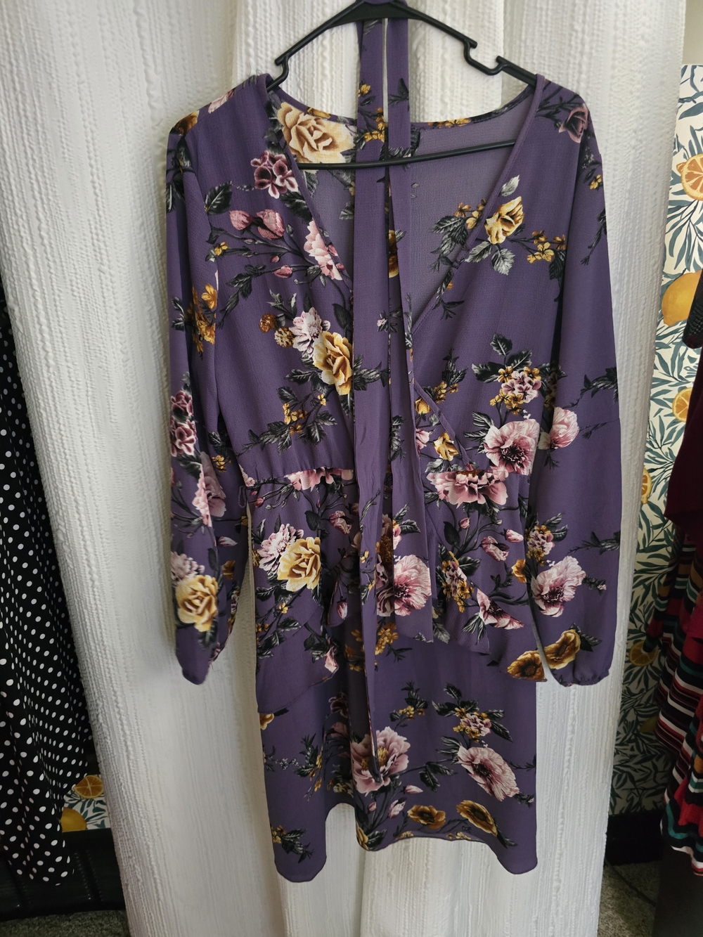 Womens LARGE Floral Purple V-Neck Long Sleeve Dress